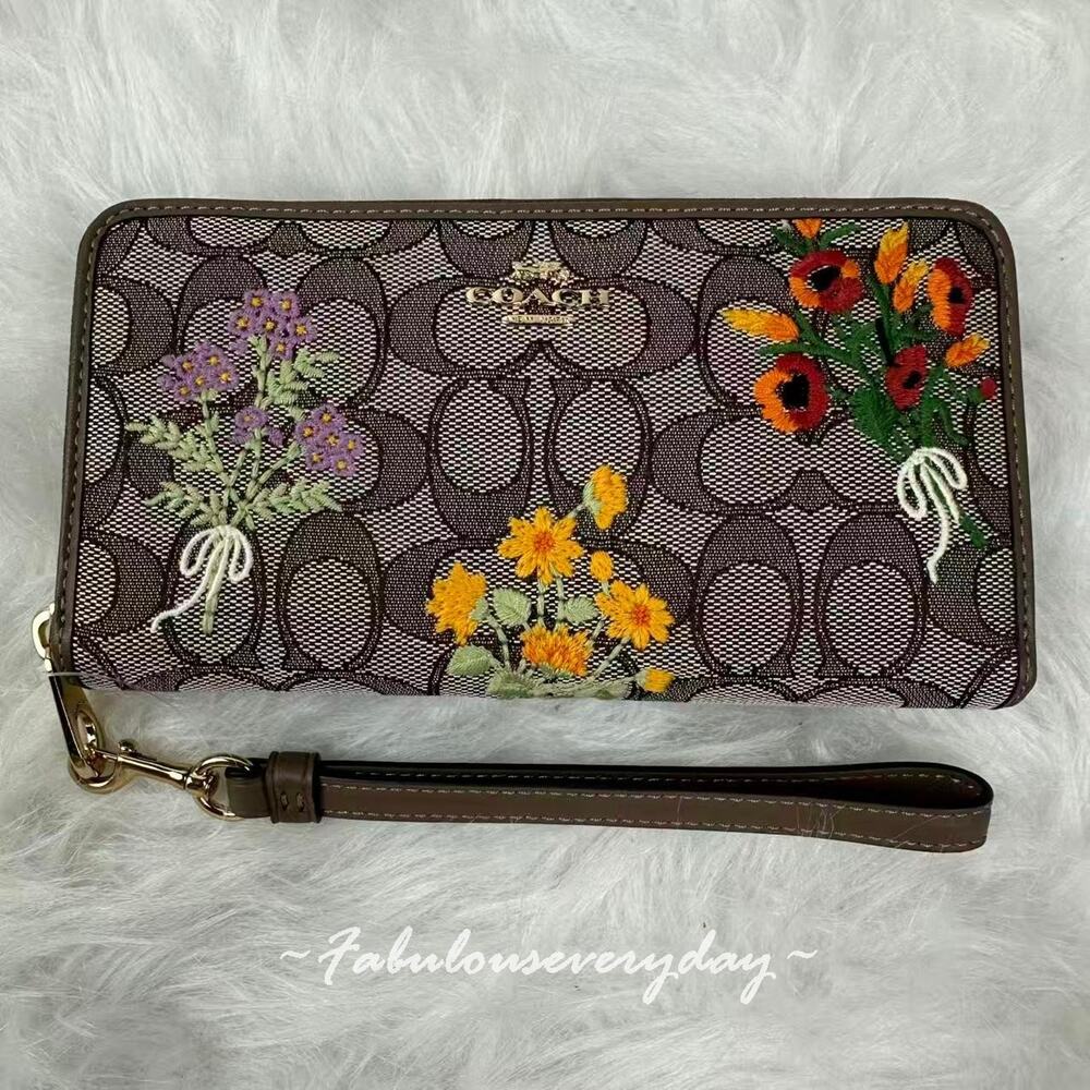 Coach Long Zip Around Wallet In Signature Jacquard With Floral Embroidery CEC23